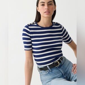 J.Crew Navy & White Striped Perfect Fit Short Sleeve Top Gold Buttons | Small